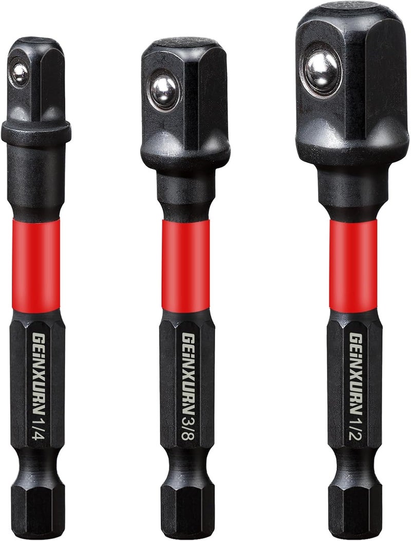 GEINXURN 3Pcs Impact Socket Adapter Set,1/4" 3/8" and 1/2" Drive, 3Inches Extension Bit with Holder, Adapt Your Power Drill to High Torque Impact Wrench - Image 1